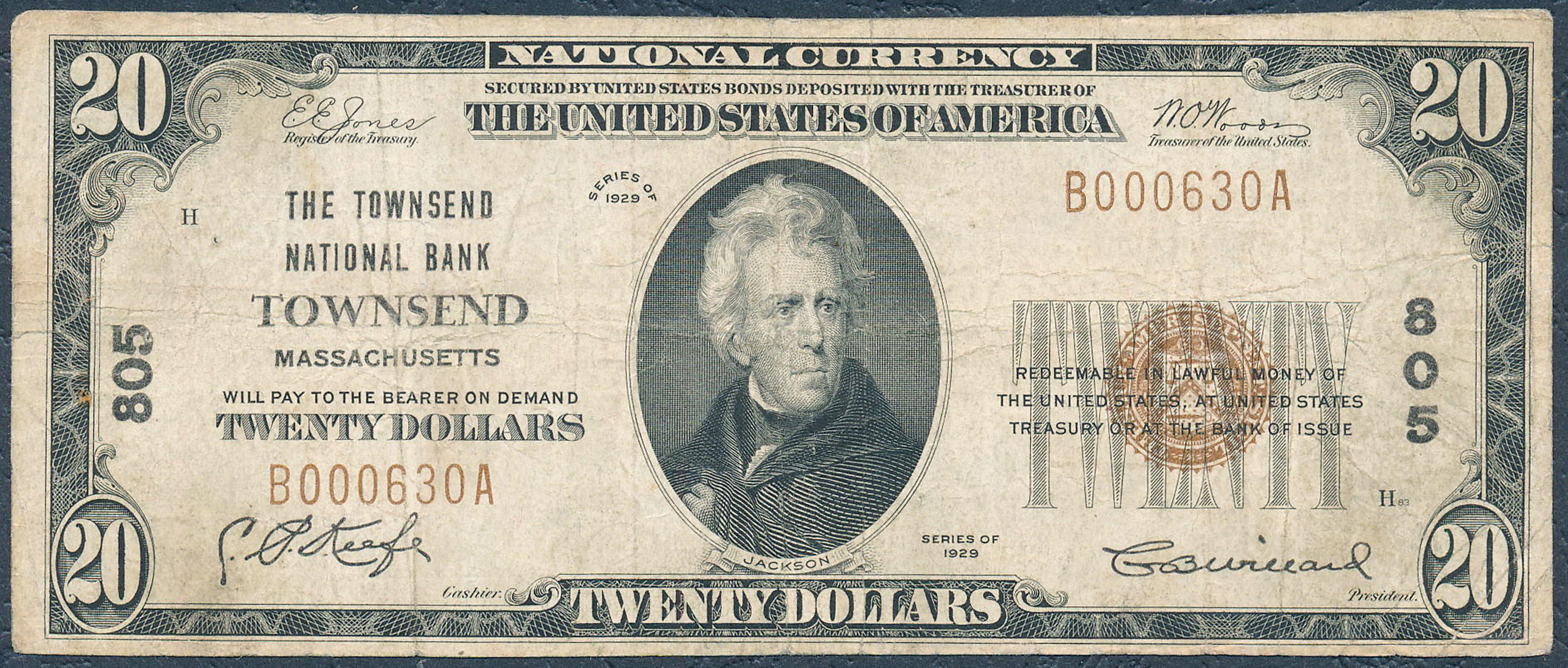 USA.  20 dolarów 1929 Massachusetts, the Townsend National Bank seria BA - RZADKI